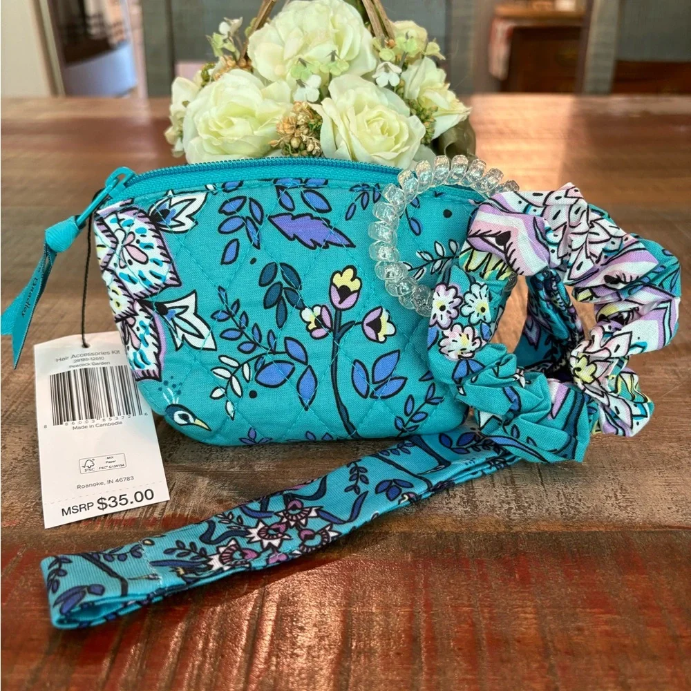 NEW Vera Bradley 4-Piece HAIR ACCESSORIES KIT in PEACOCK π¦ GARDEN Cotton CASE! - Picture 1 of 6